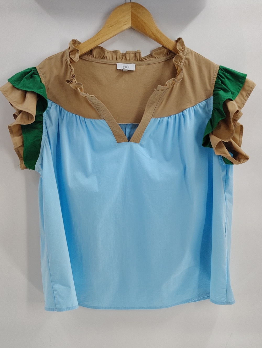 VOY Blouse Size Small Oversized Multicolor Ruffle Sleeve Cotton Blend V-Neck